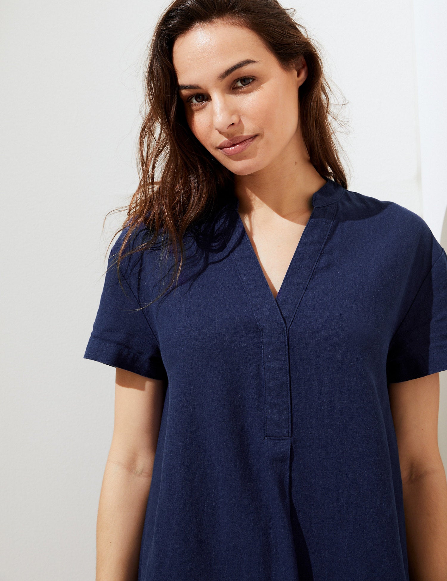 Linen Rich V-Neck Short Sleeve Shift Dress