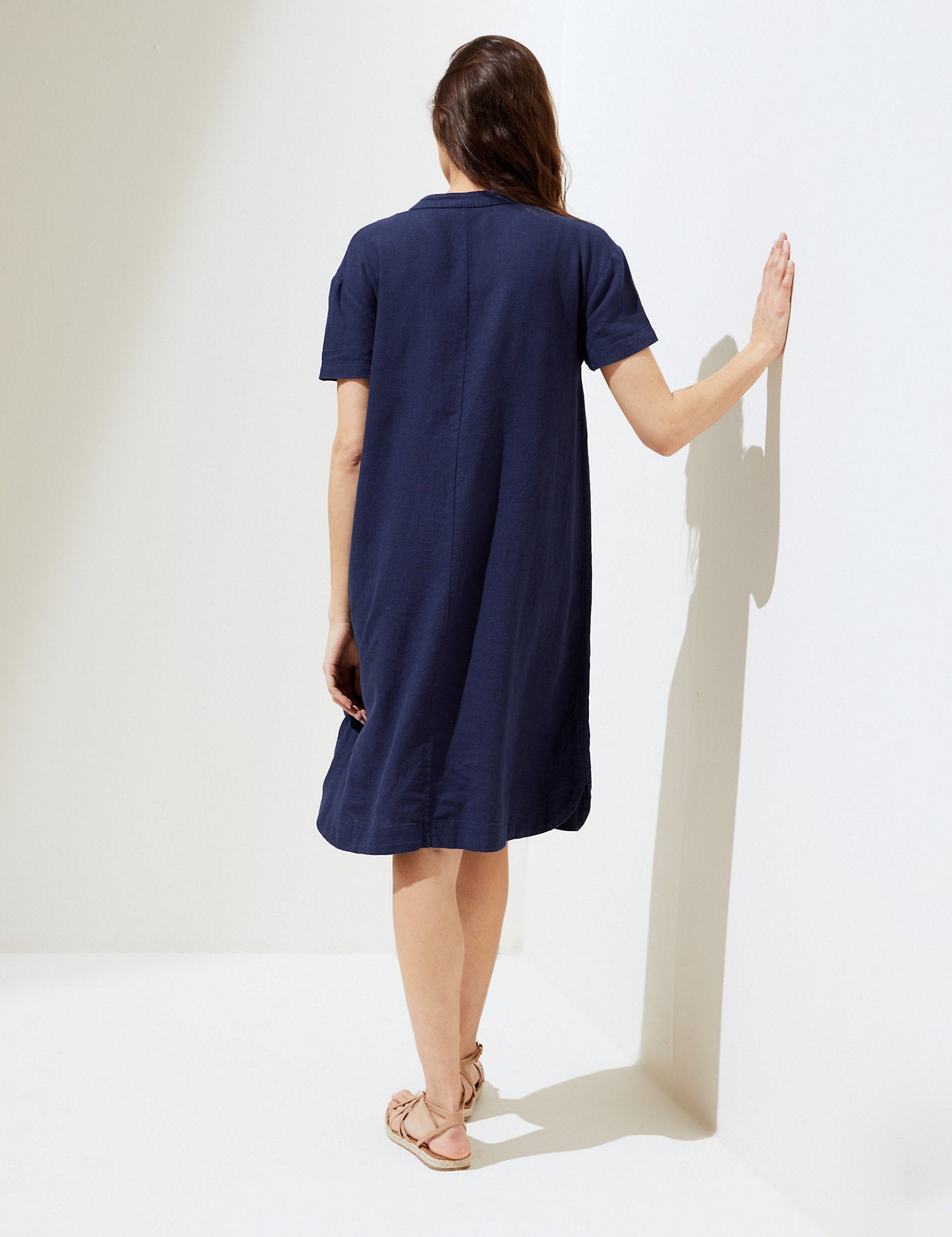 Linen Rich V-Neck Short Sleeve Shift Dress
