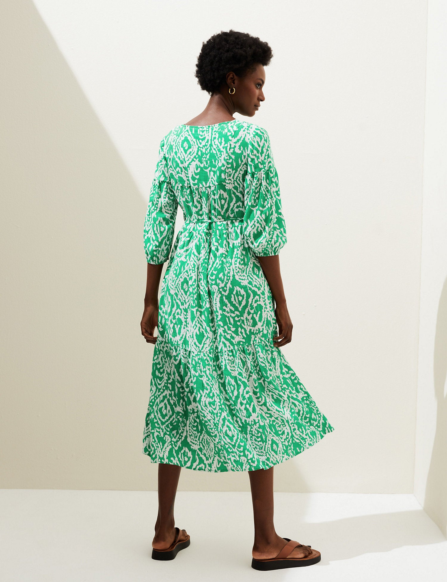 Linen Blend Printed V-Neck Midi Dress