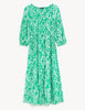 Linen Blend Printed V-Neck Midi Dress