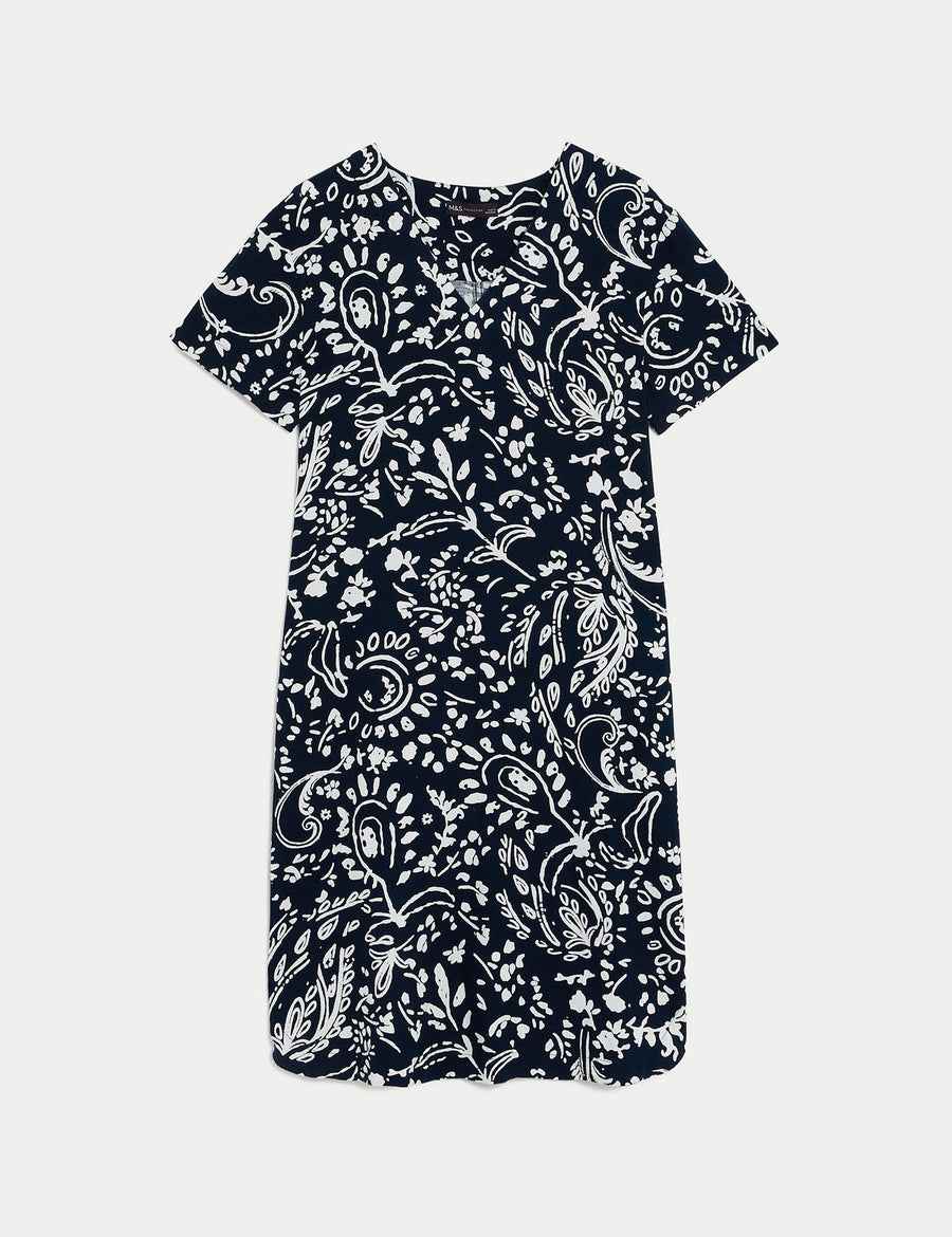 Linen Rich Printed V-Neck Midi Shift Dress