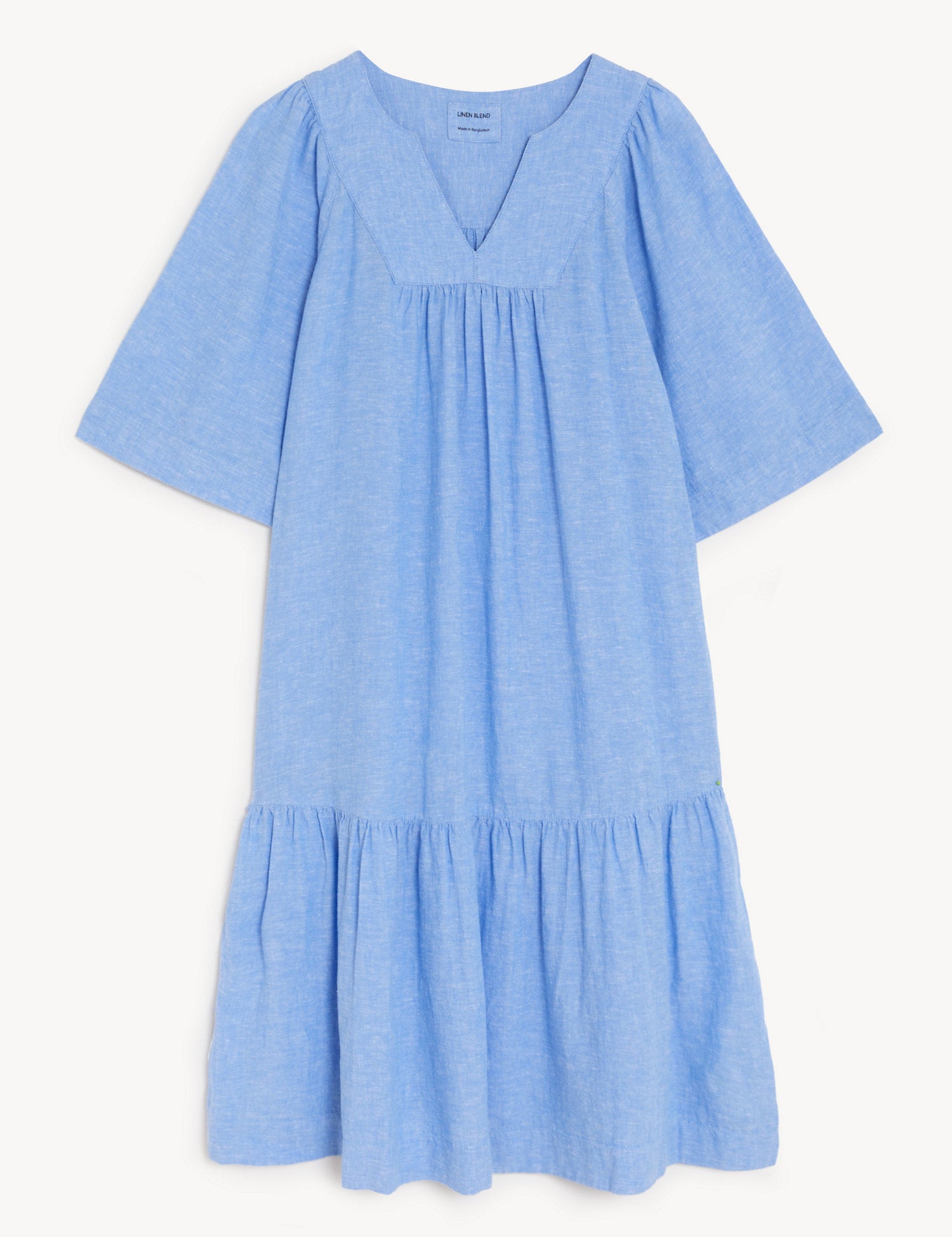 Linen Blend V-Neck Knee Length Tiered Dress
