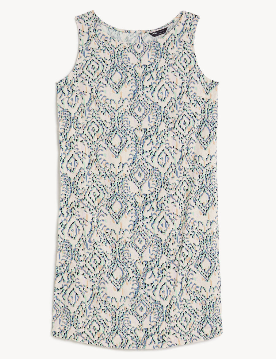 Linen Rich Printed Round Neck Shift Dress