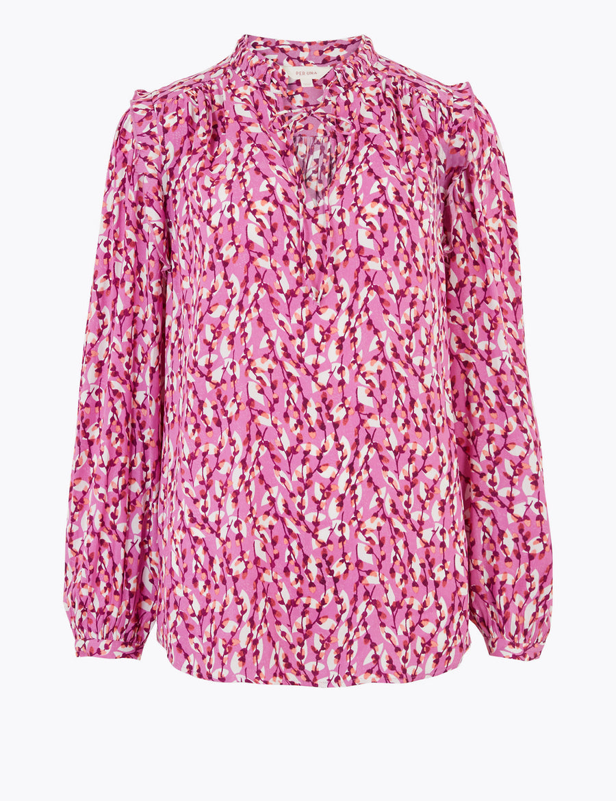 Satin Floral Tie Front Long Sleeve Blouse