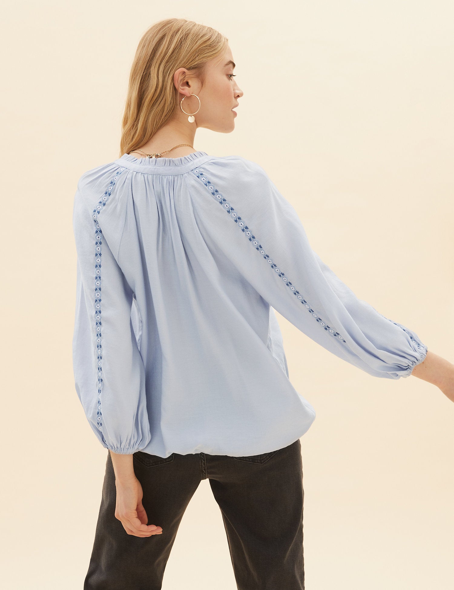 Embroidered Relaxed Blouson Sleeve Blouse