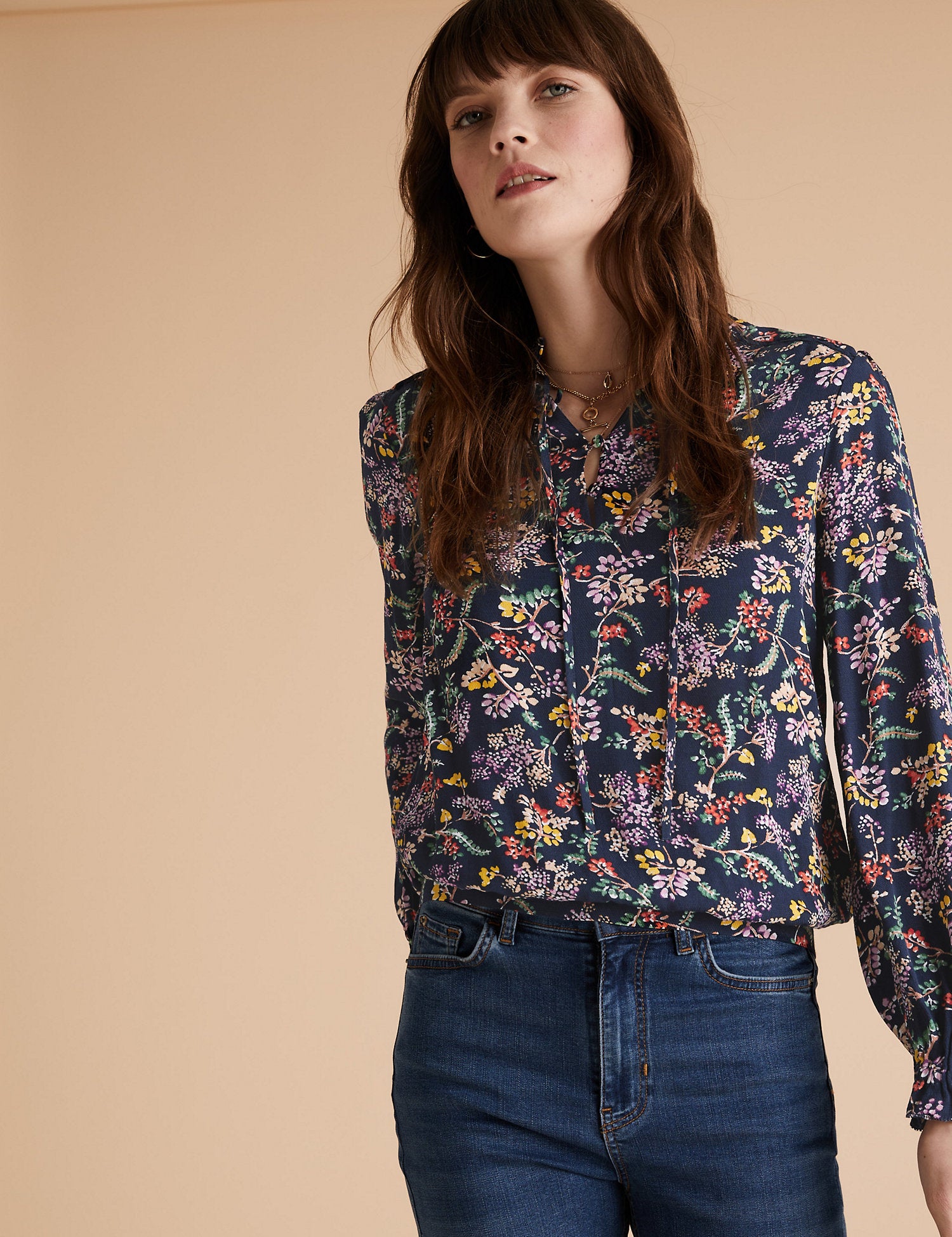 Floral High Neck Long Sleeve Popover Blouse