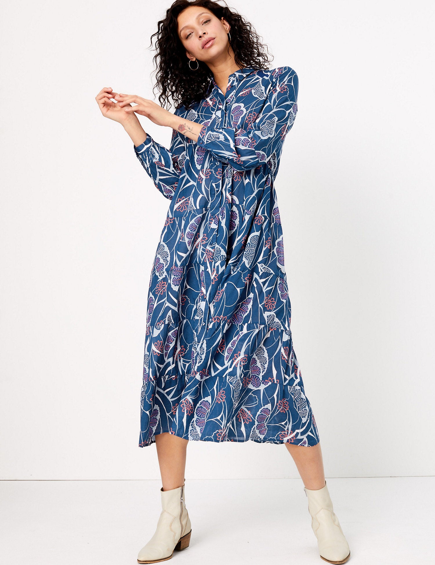 Pure Cotton Printed Midi Shirt Dress