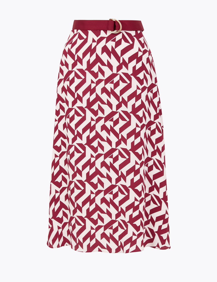 Geometric Print Belted Midi Skirt