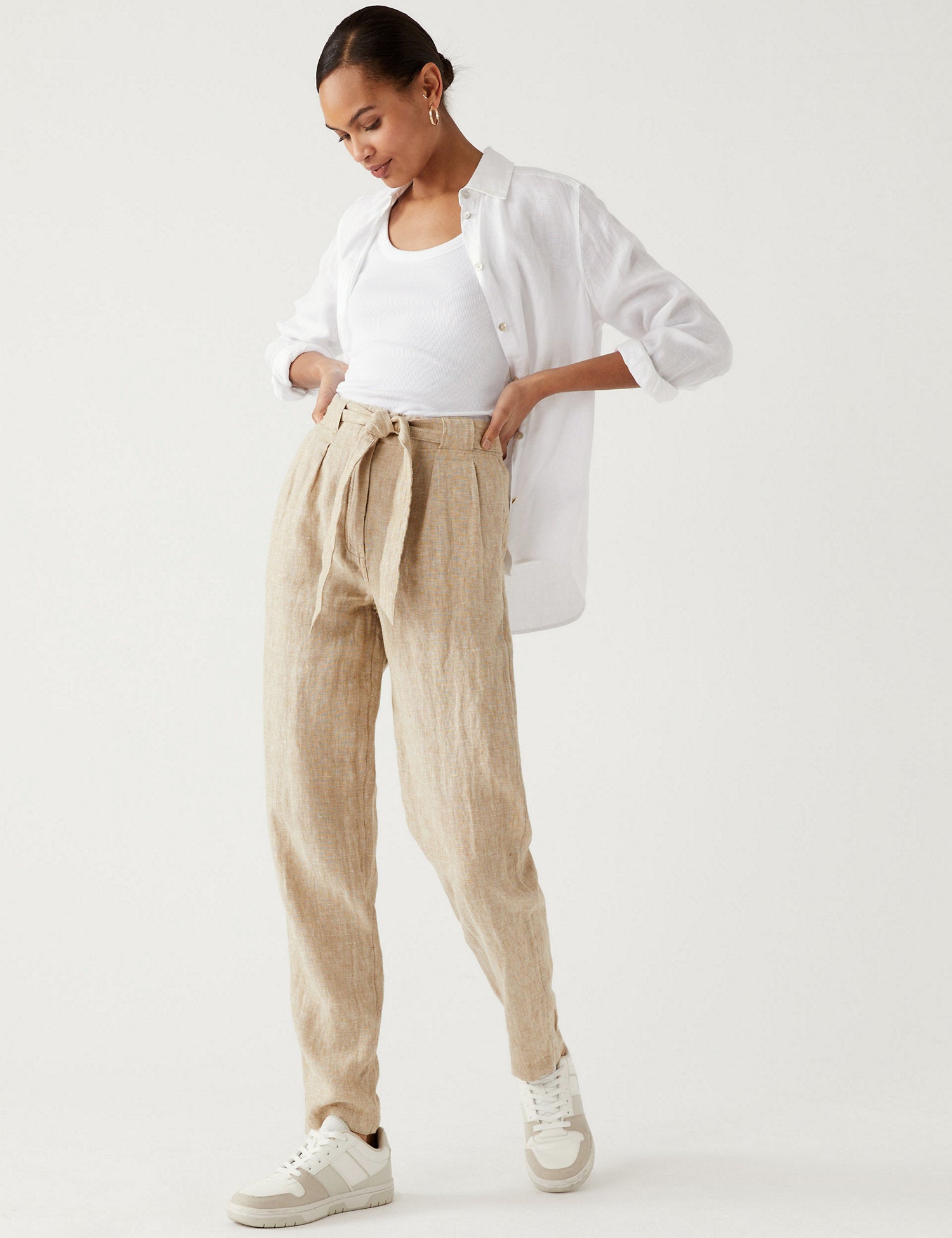 Pure Linen Belted Tapered Trousers