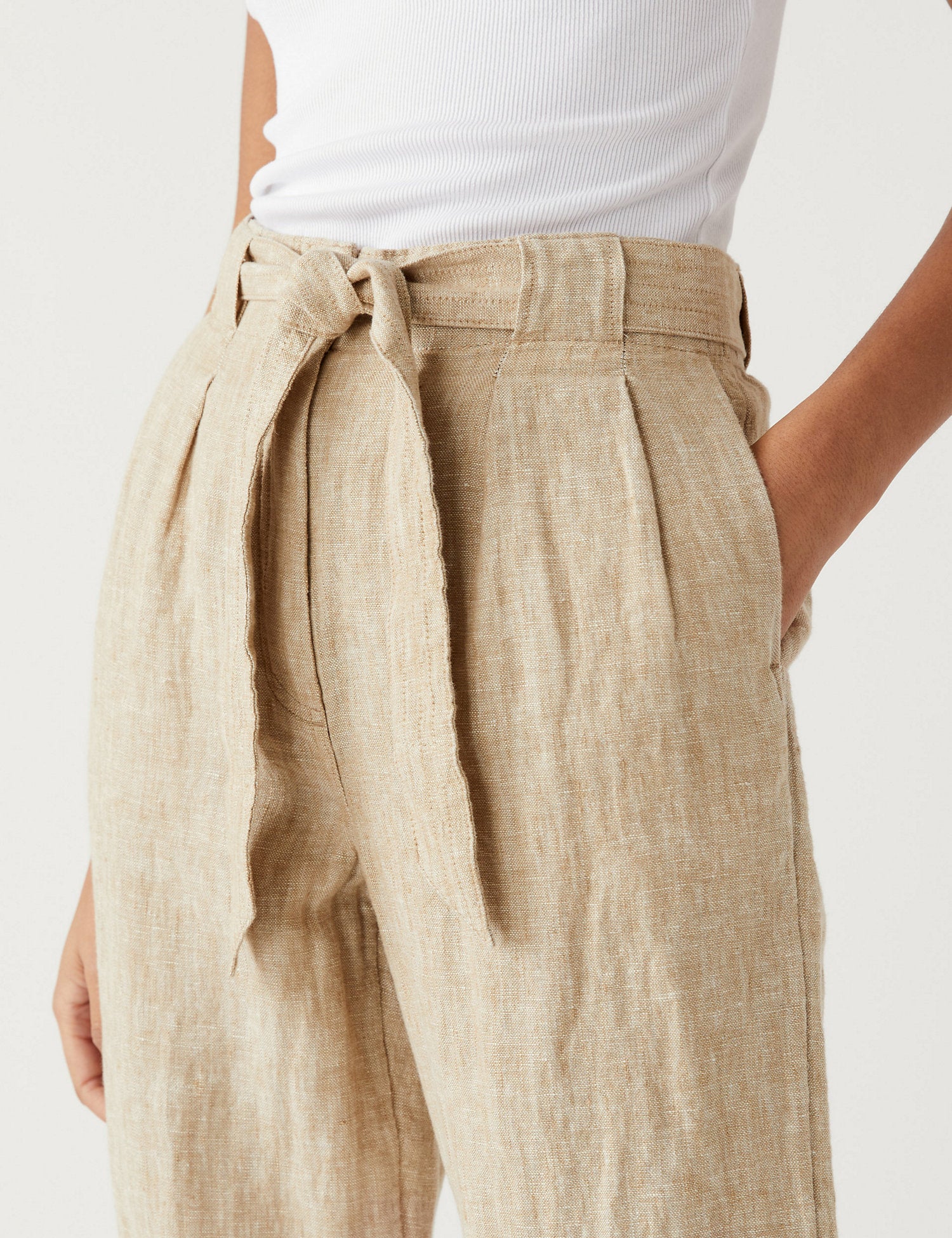 Pure Linen Belted Tapered Trousers
