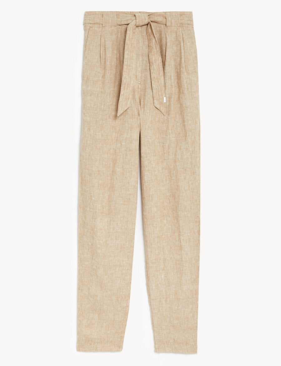 Pure Linen Belted Tapered Trousers
