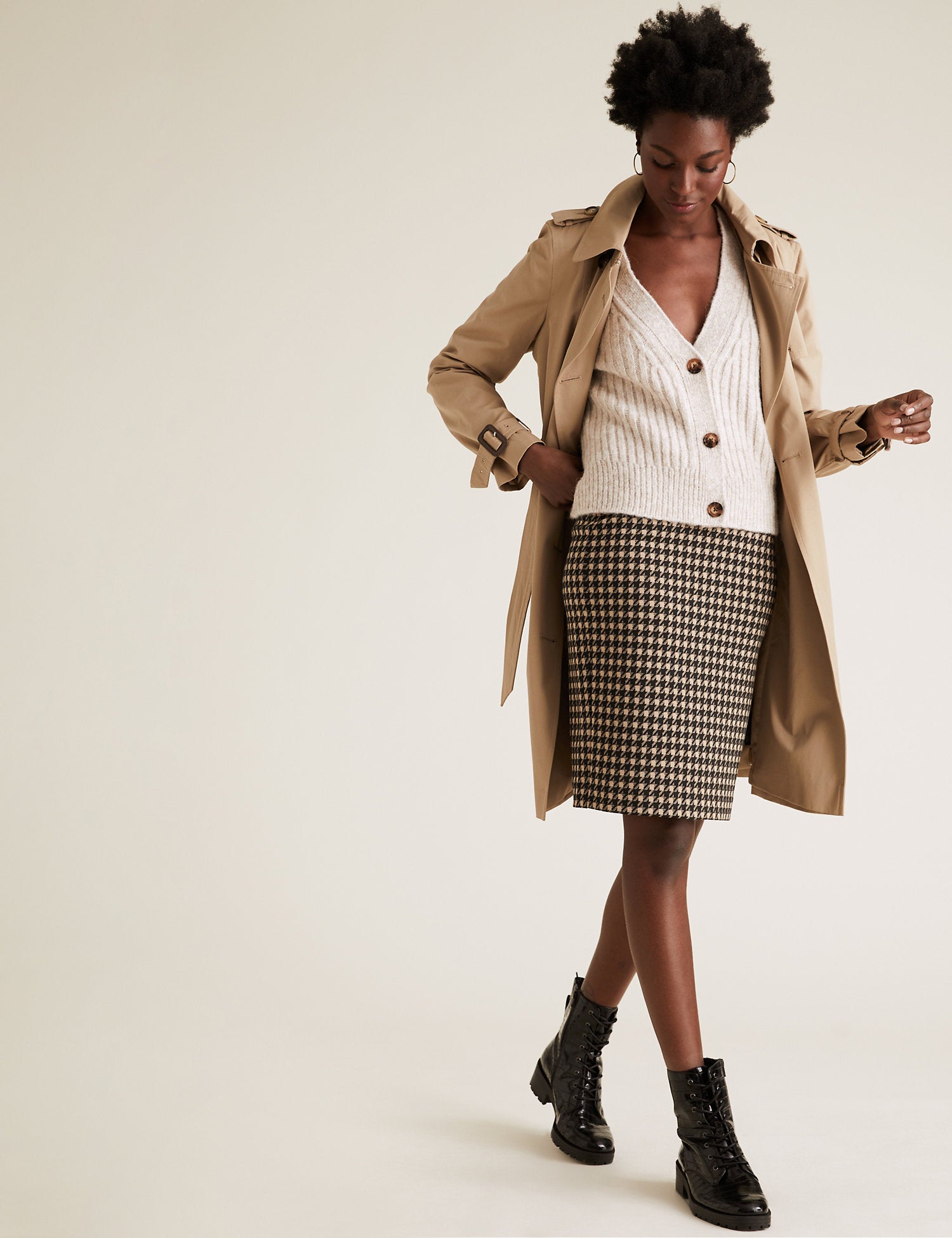 Jersey Houndstooth Knee Length Pencil Skirt
