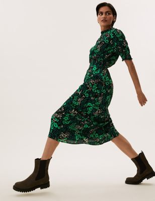 Floral High Neck Shirred Midi Waisted Dress