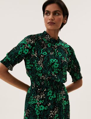 Floral High Neck Shirred Midi Waisted Dress