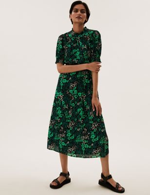 Floral High Neck Shirred Midi Waisted Dress