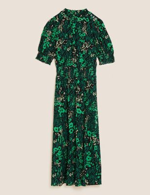 Floral High Neck Shirred Midi Waisted Dress