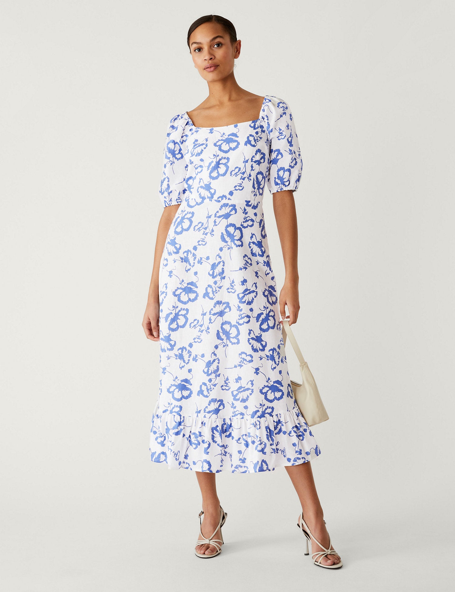 Linen Rich Floral Square Neck Midi Dress