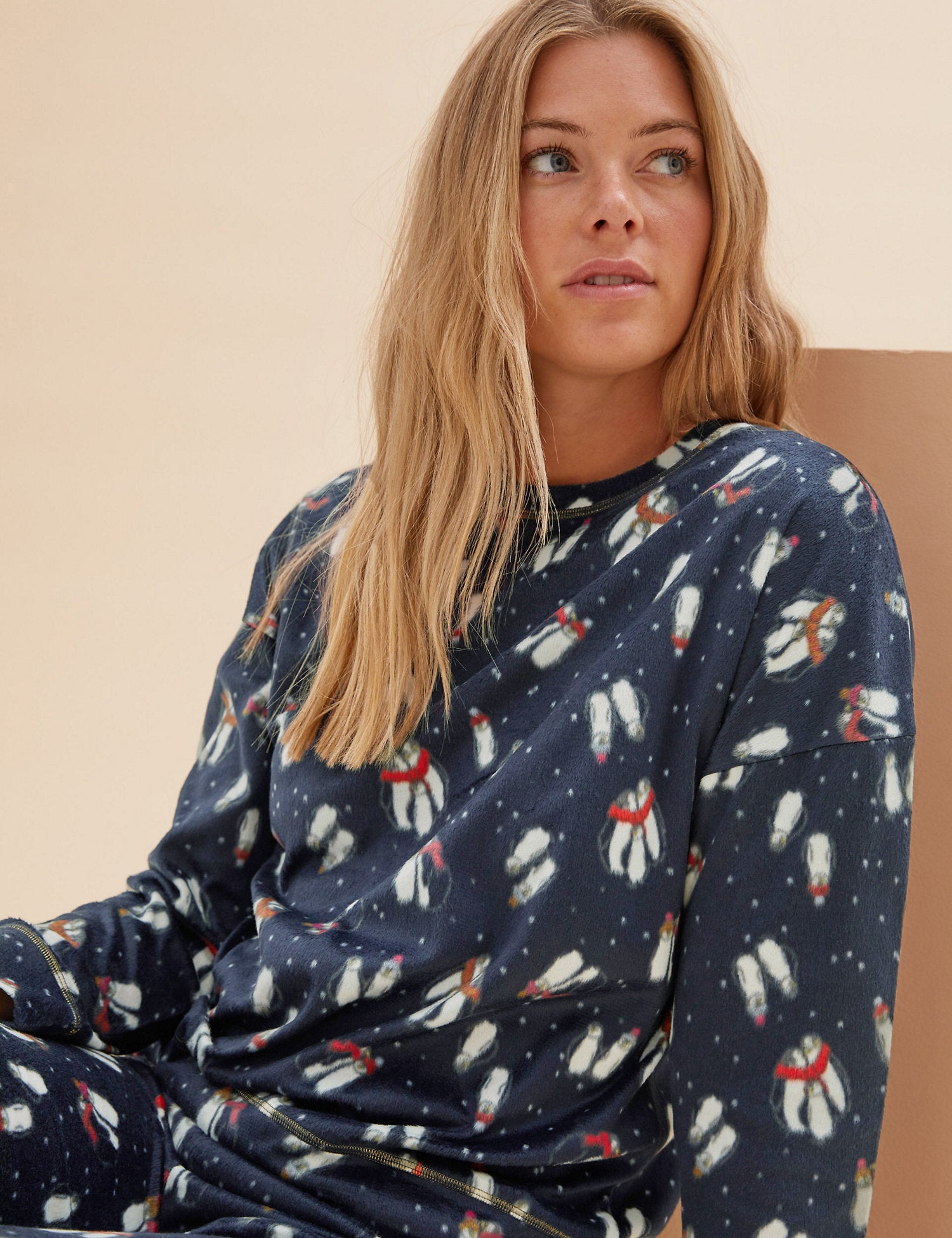 Fleece Printed Cuffed Pant Pyjama Set