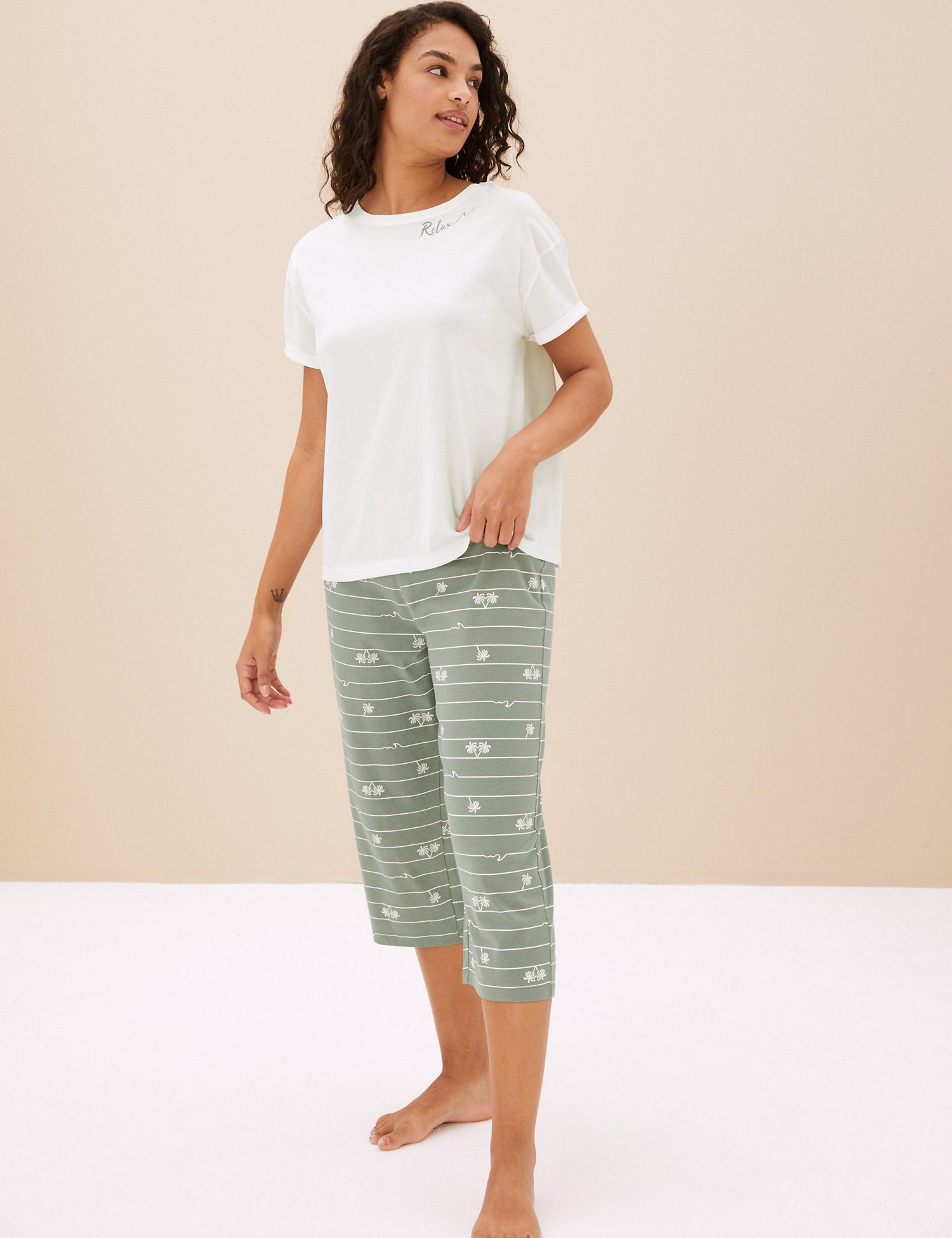 Pure Cotton Palm Print Cropped Pyjama Set