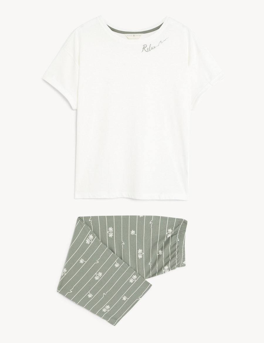 Pure Cotton Palm Print Cropped Pyjama Set