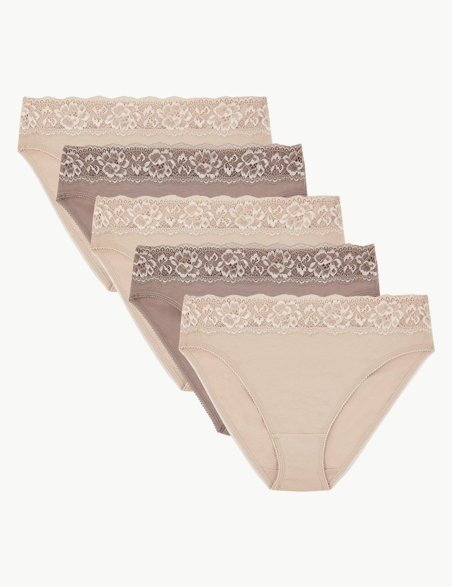 5 Pack Lace Waisted High Leg Knickers