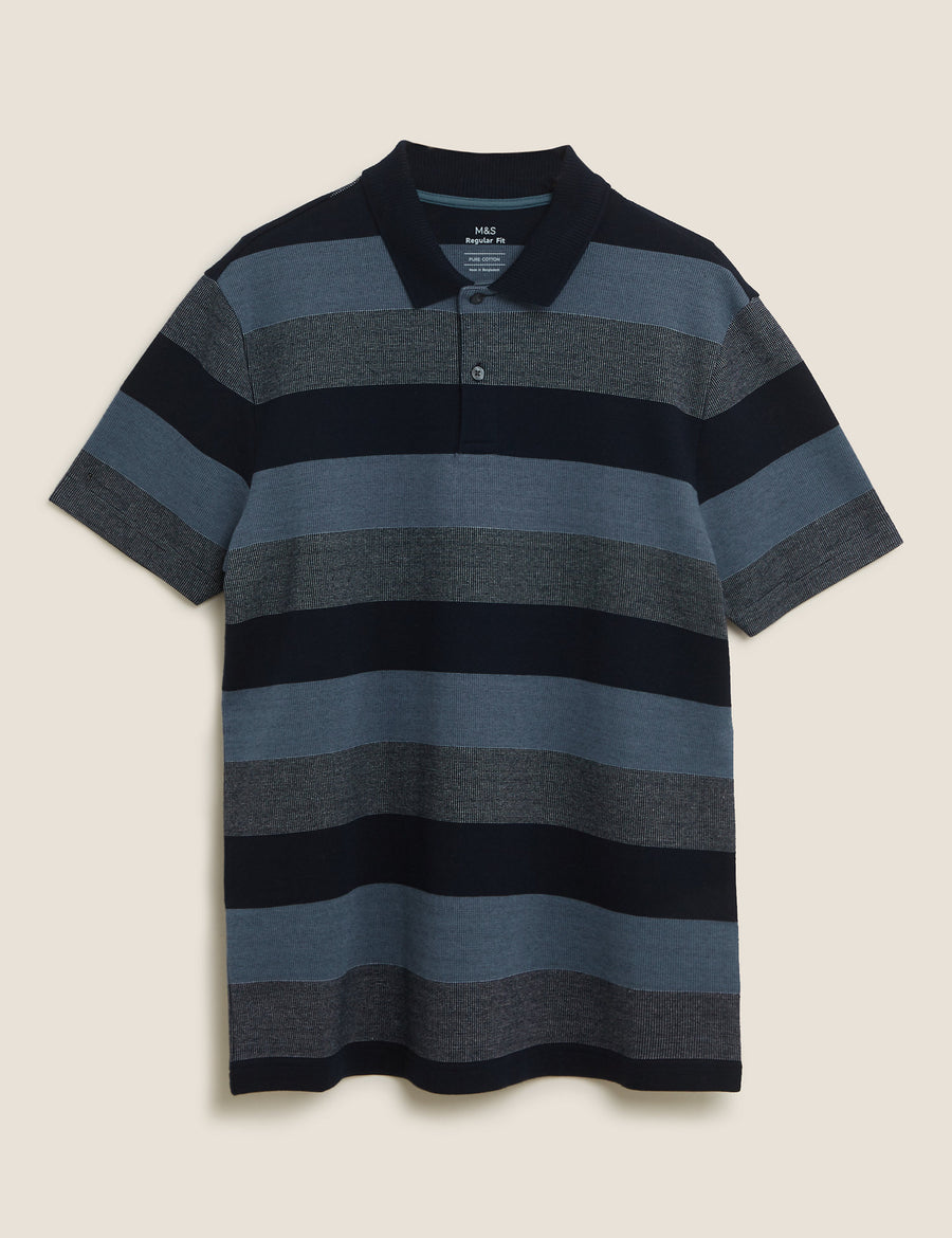 Pure Cotton Double Knit Striped Polo Shirt