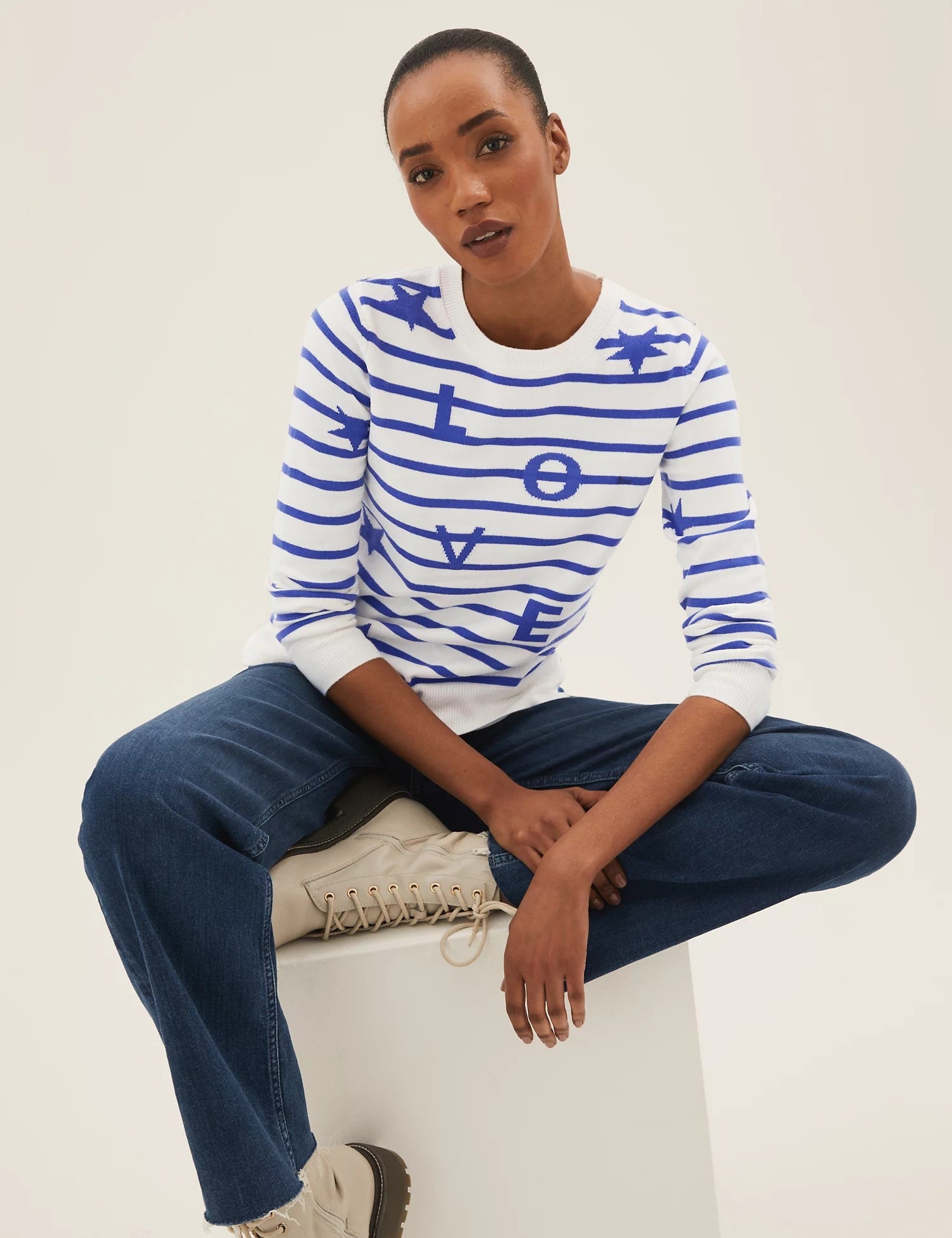 Supersoft Striped Slogan Crew Neck Jumper