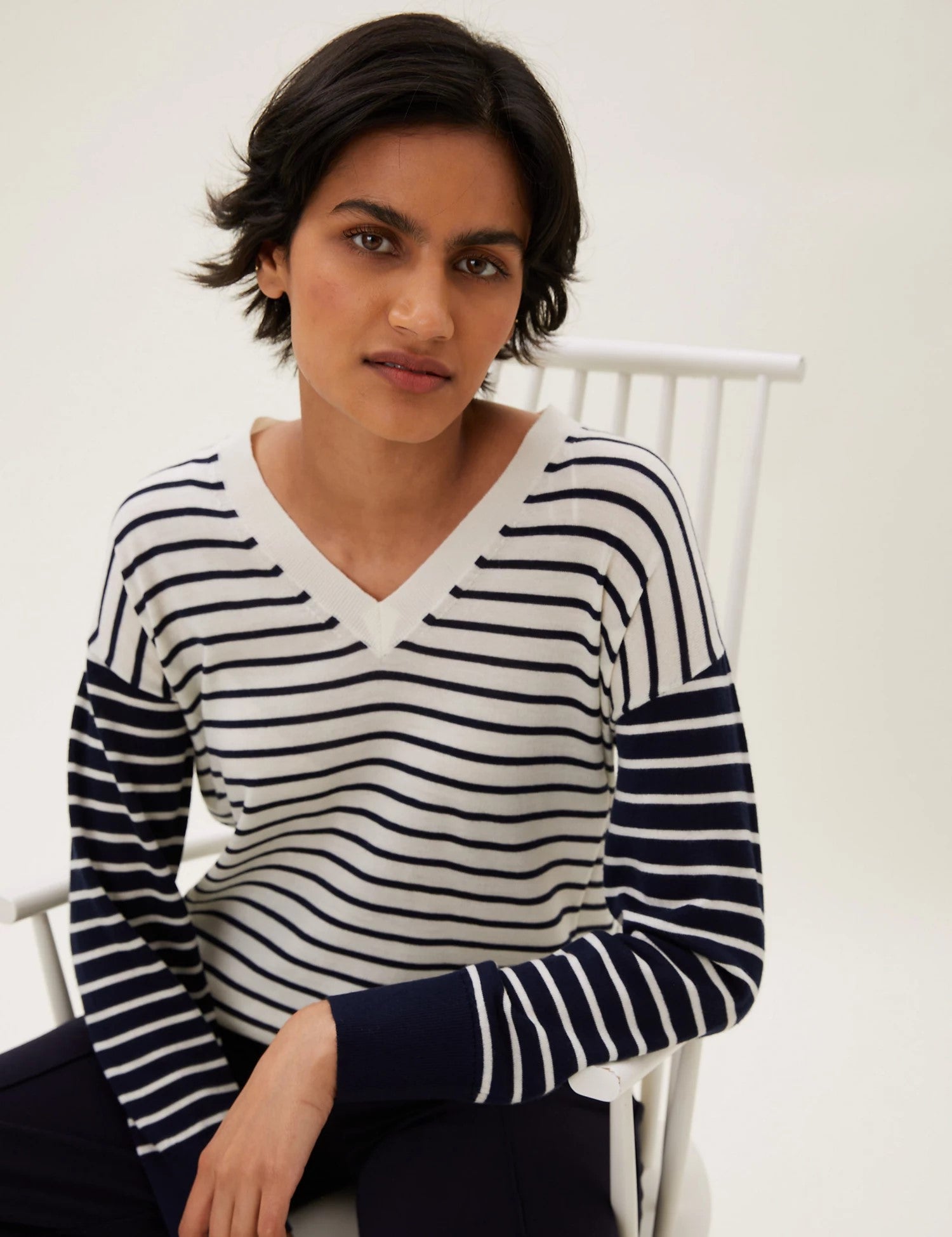 Pure Merino Wool Striped V-Neck Jumper