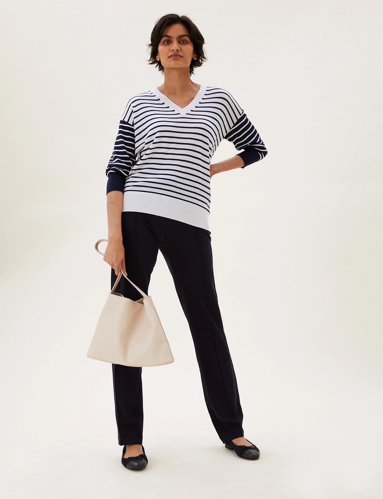 Pure Merino Wool Striped V-Neck Jumper