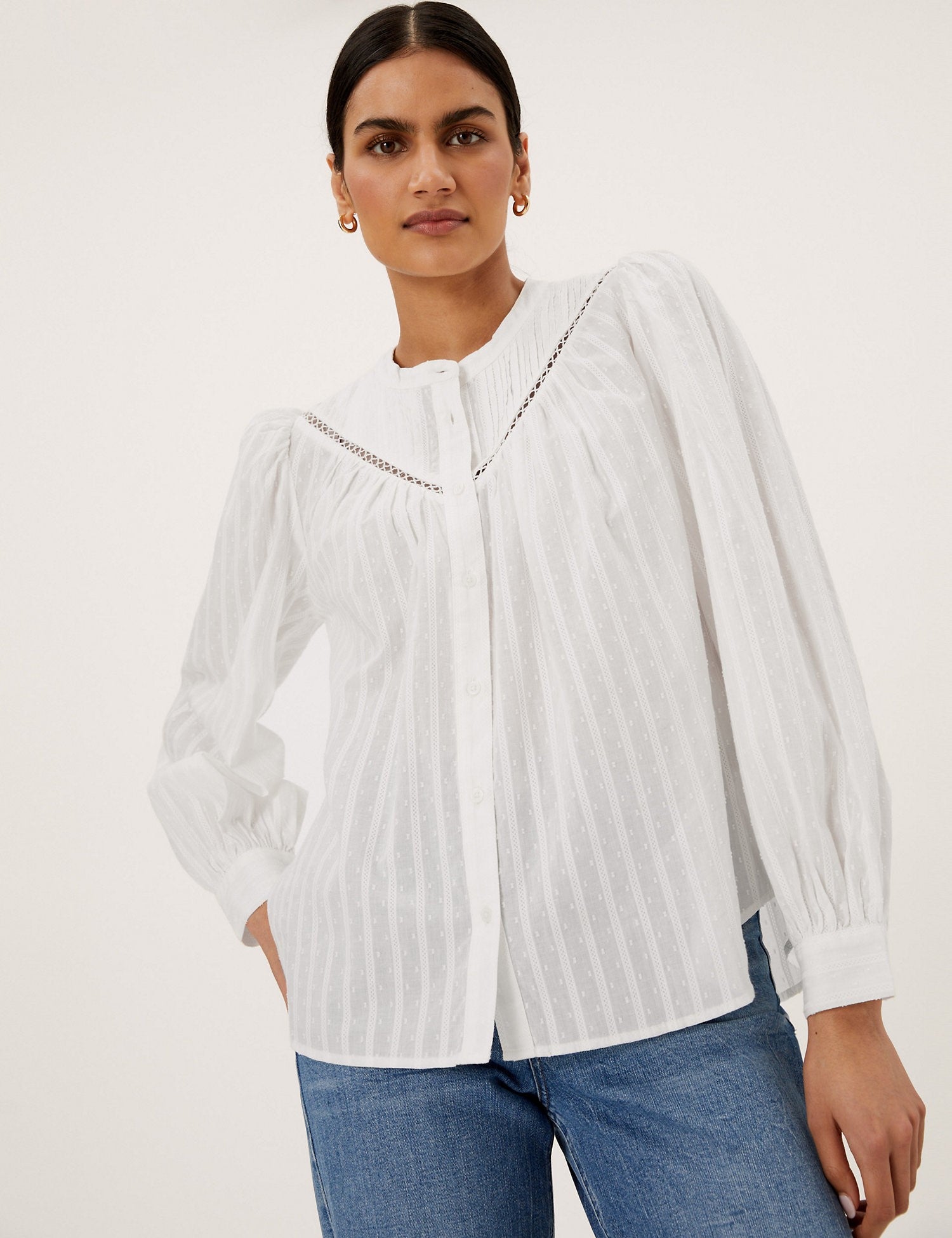 Pure Cotton Collarless Long Sleeve Blouse