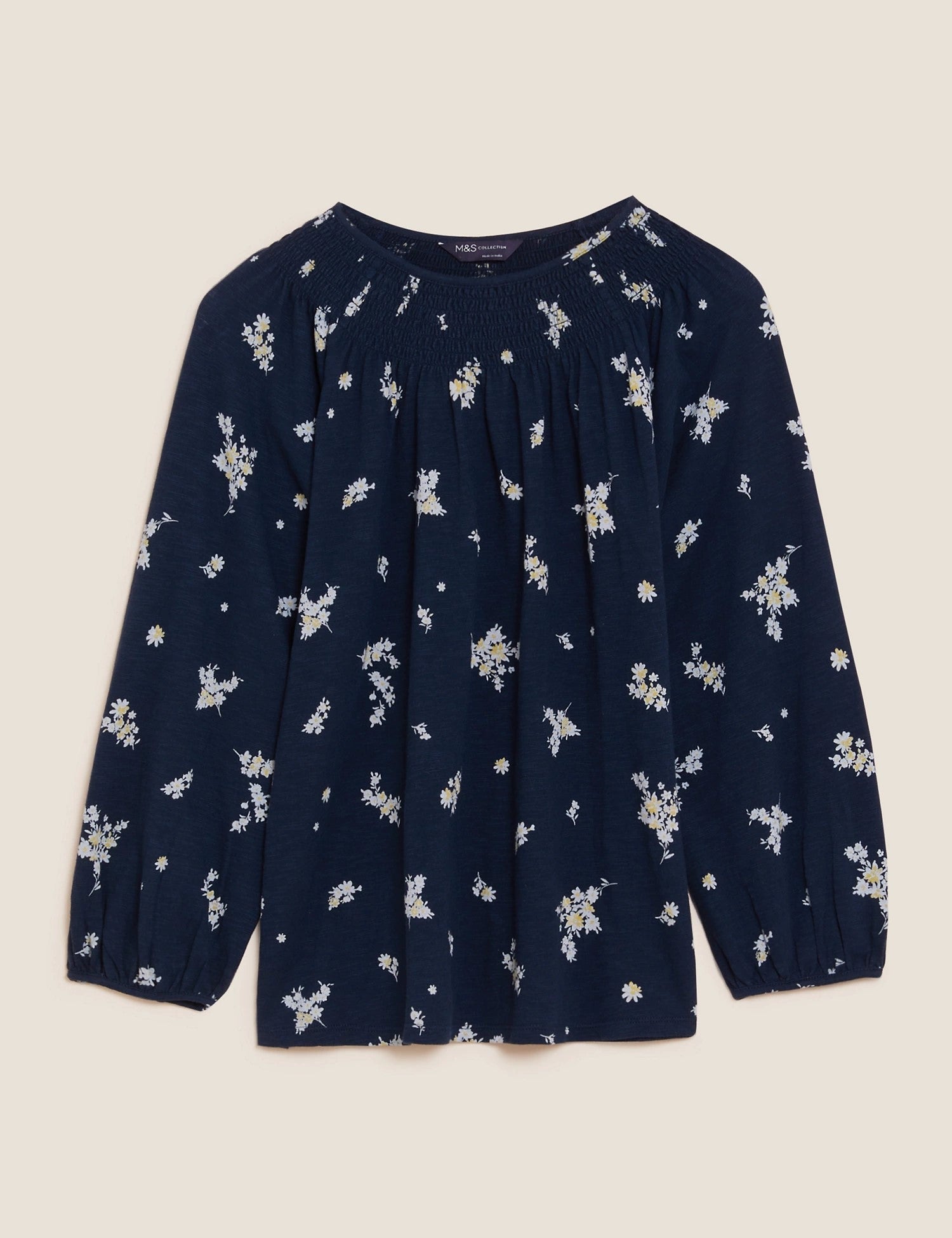 Pure Cotton Floral Crew Neck 3/4 Sleeve Top