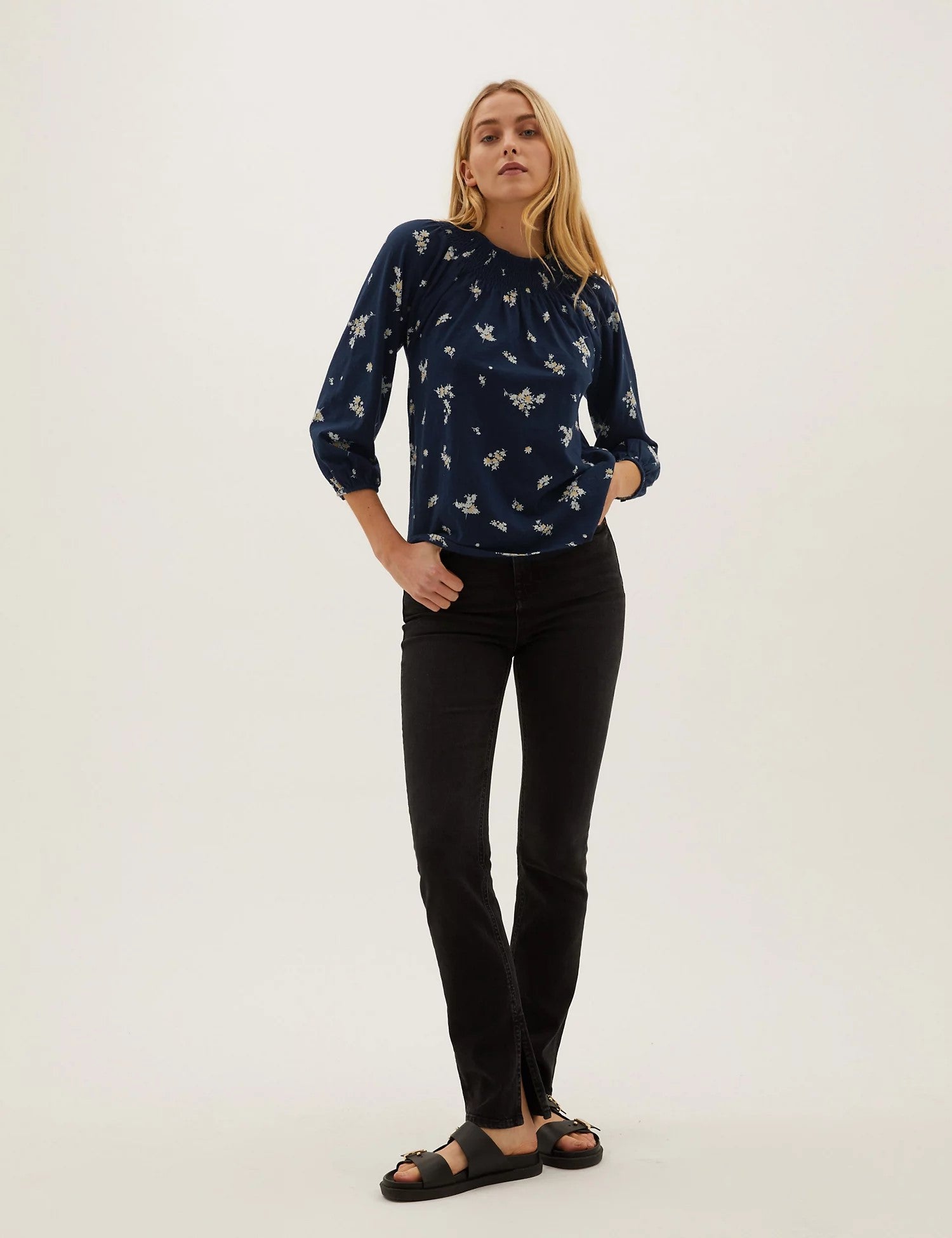 Pure Cotton Floral Crew Neck 3/4 Sleeve Top