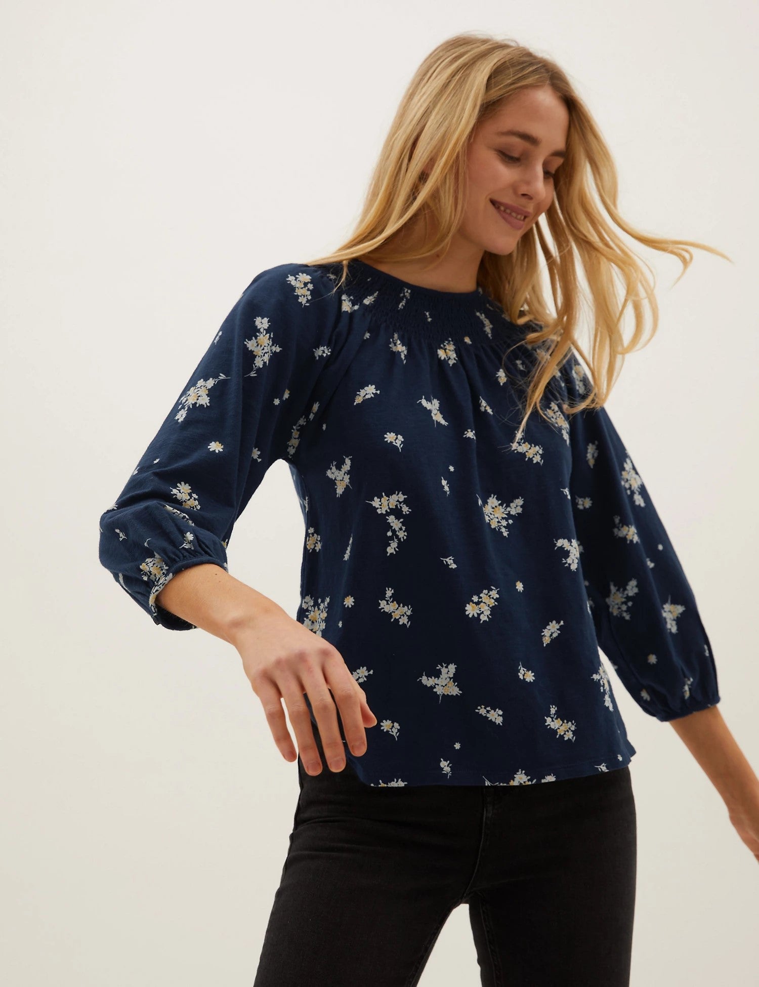 Pure Cotton Floral Crew Neck 3/4 Sleeve Top