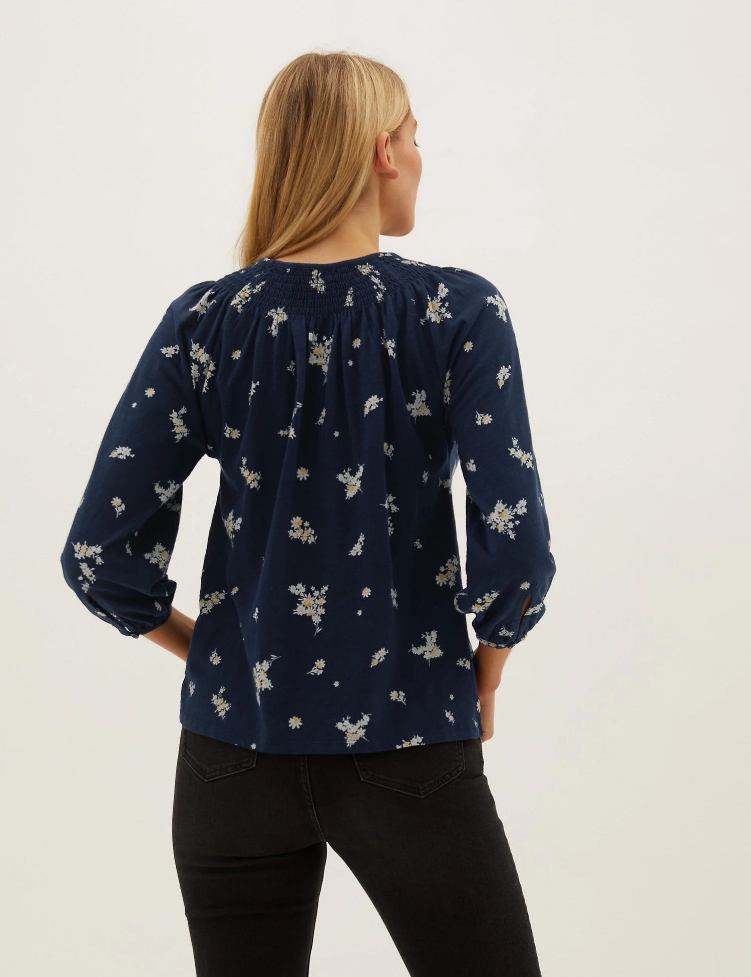 Pure Cotton Floral Crew Neck 3/4 Sleeve Top