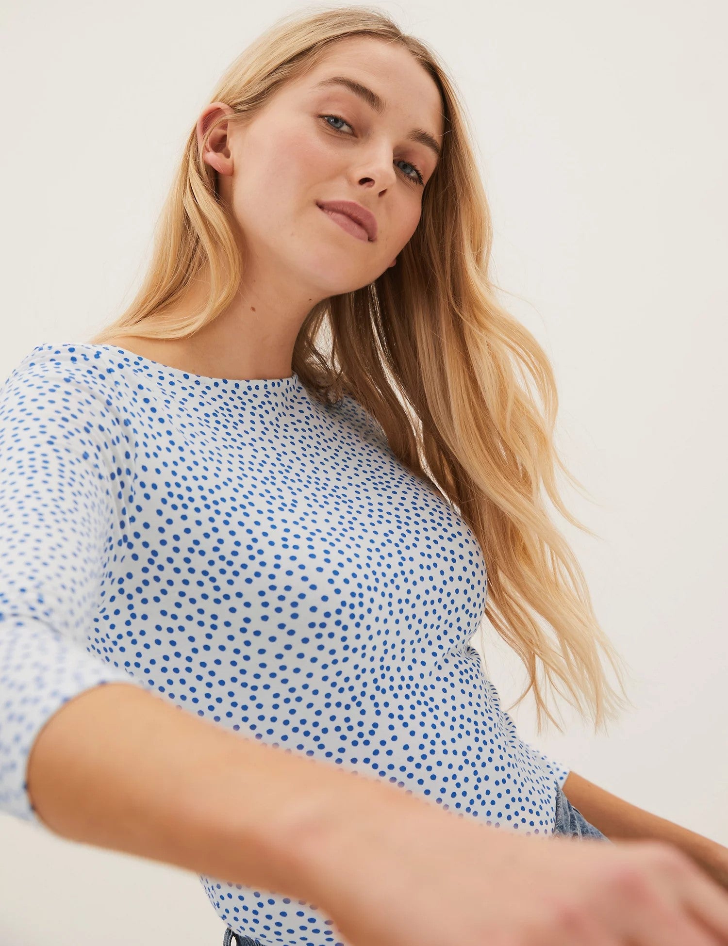 Cotton Rich Polka Dot Fitted 3/4 Sleeve Top