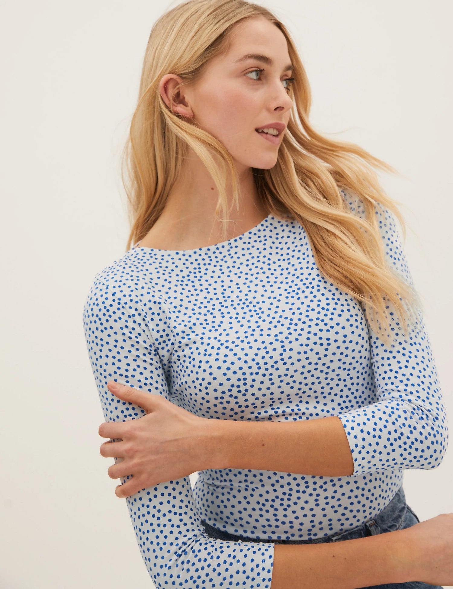 Cotton Rich Polka Dot Fitted 3/4 Sleeve Top