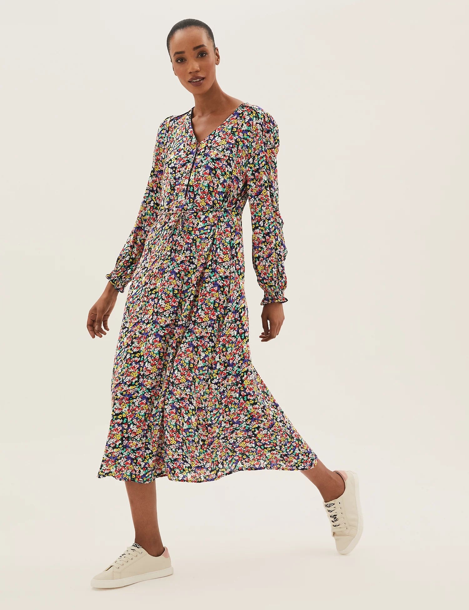 Ditsy Floral V-Neck Midi Waisted Dress