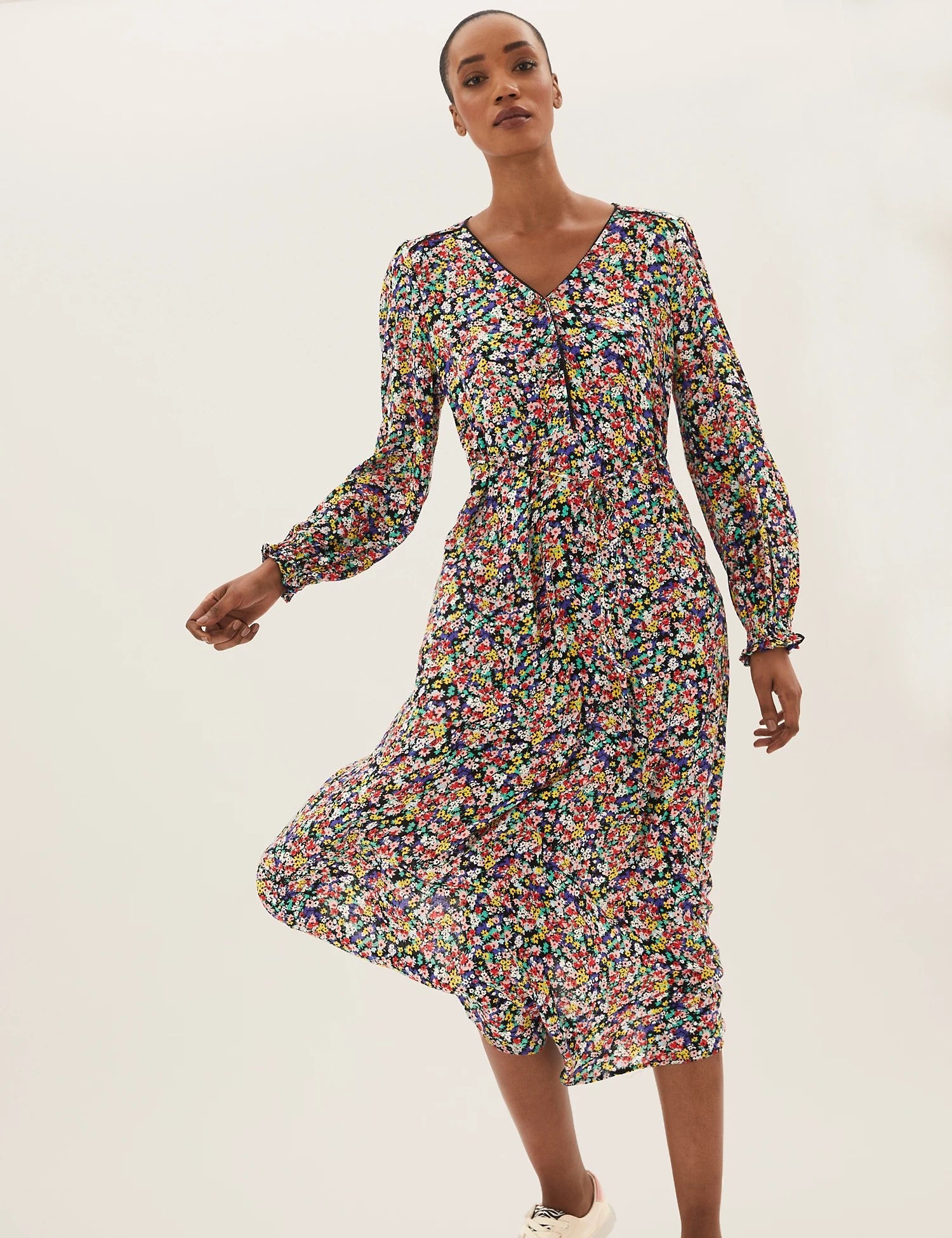 Ditsy Floral V-Neck Midi Waisted Dress