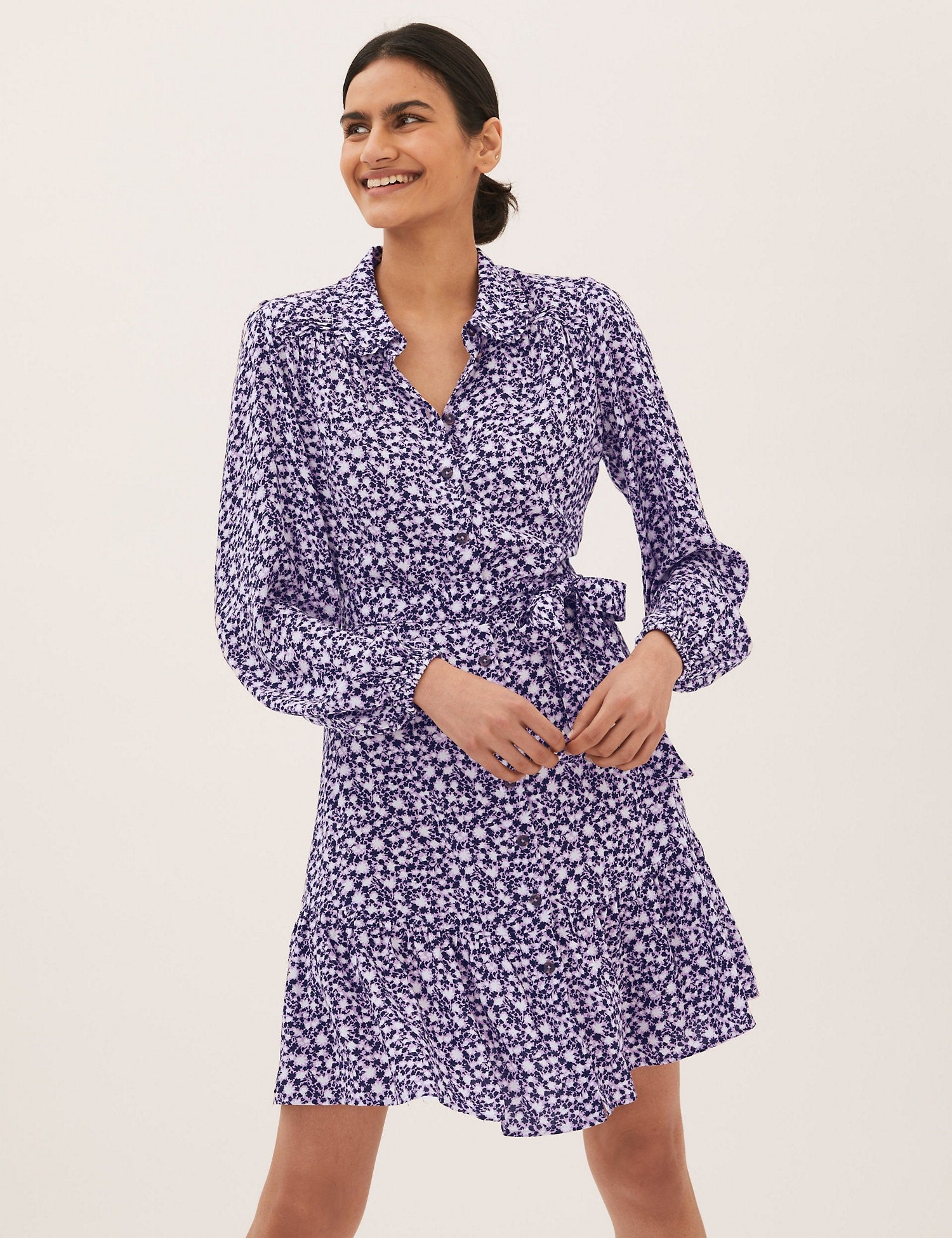 Ditsy Floral Belted Mini Shirt Dress