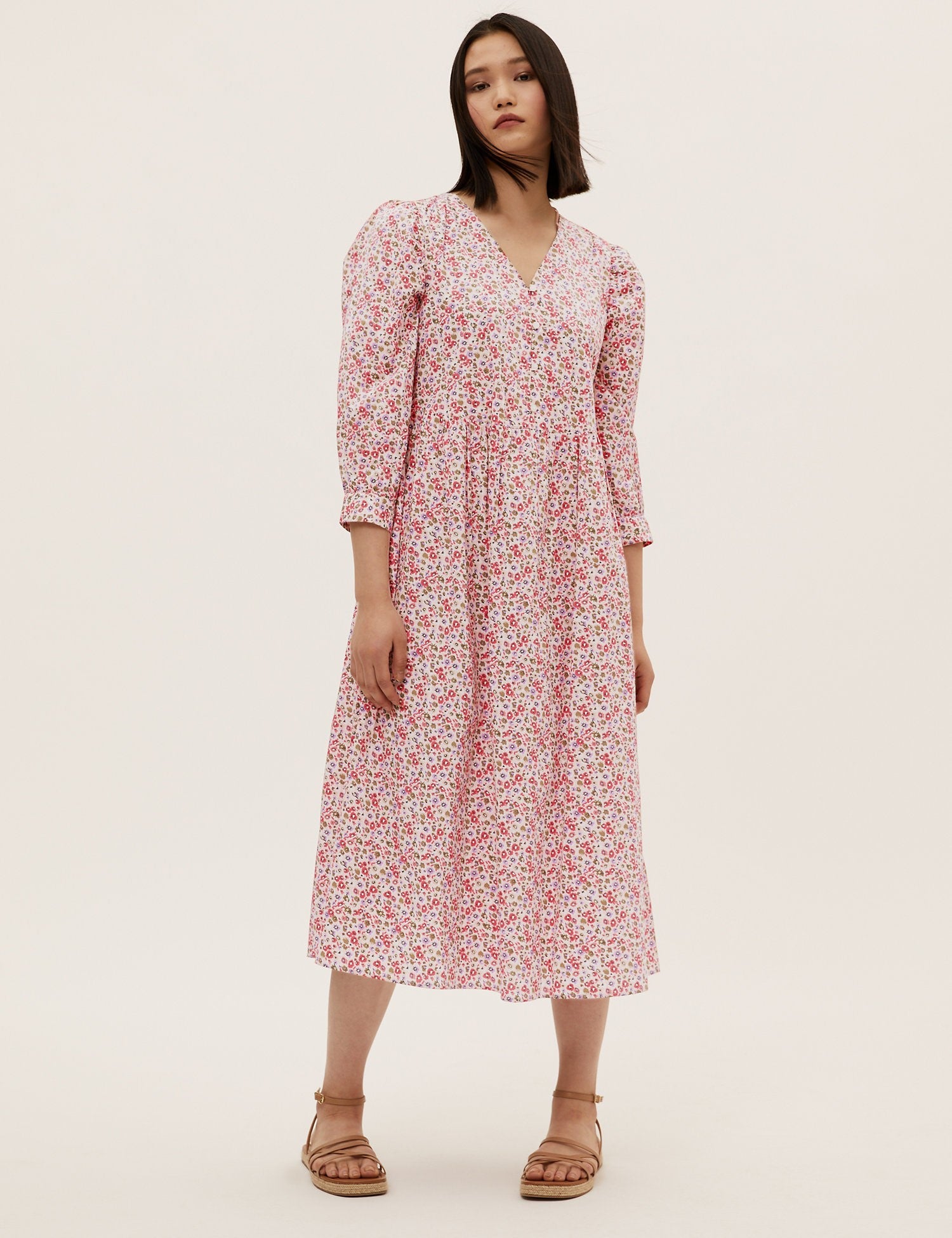 Pure Cotton Ditsy Floral Midi Relaxed Dress