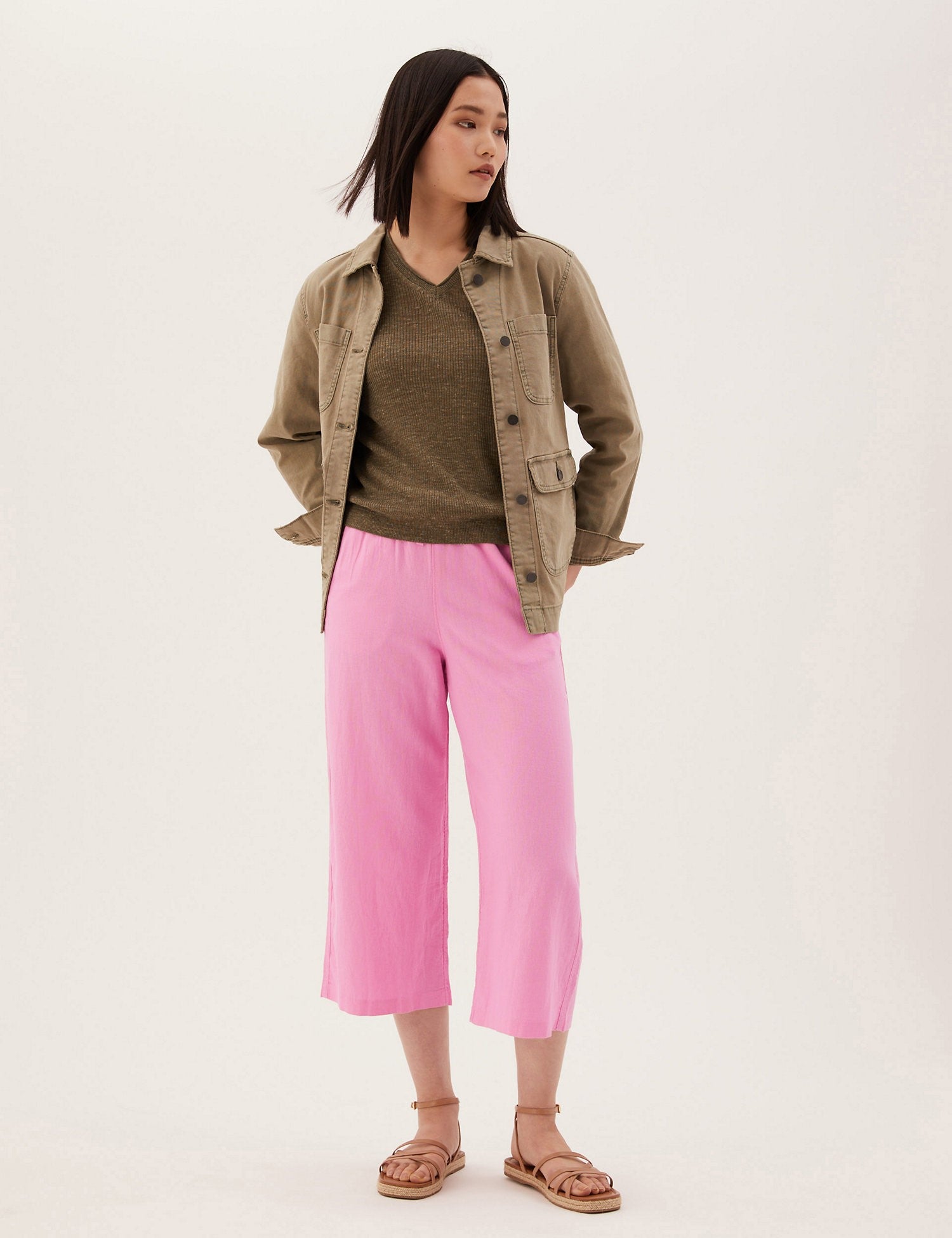 Linen Rich Wide Leg Cropped Trousers