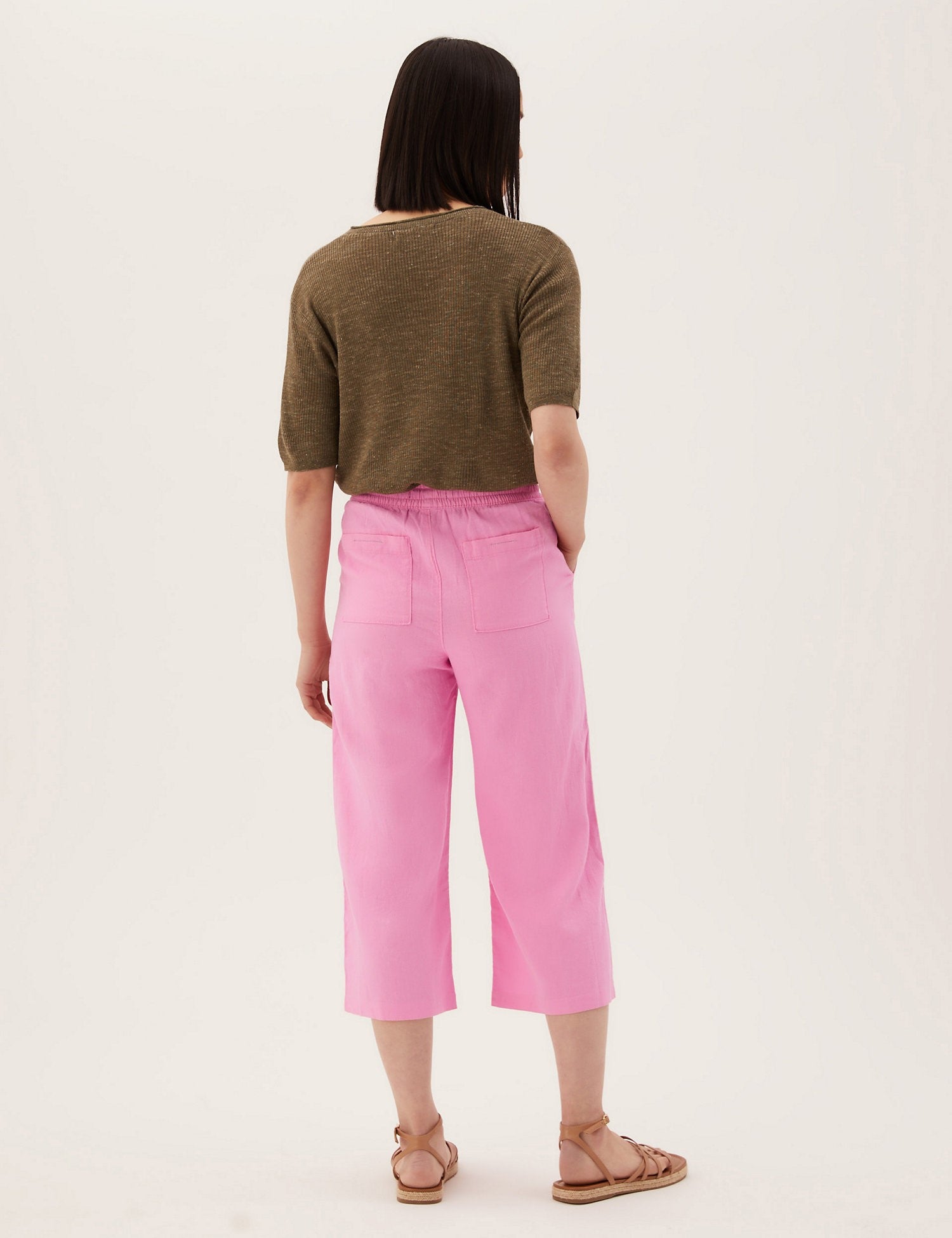 Linen Rich Wide Leg Cropped Trousers