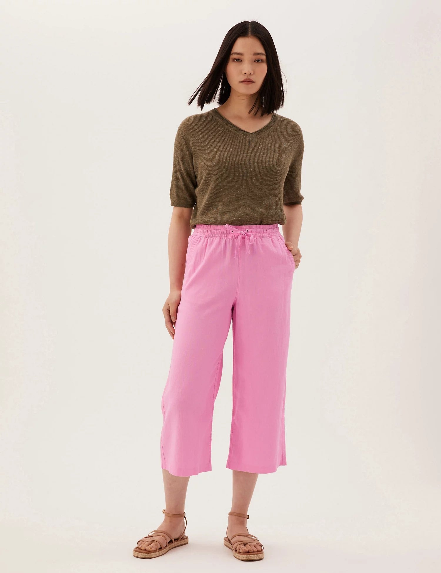 Linen Rich Wide Leg Cropped Trousers